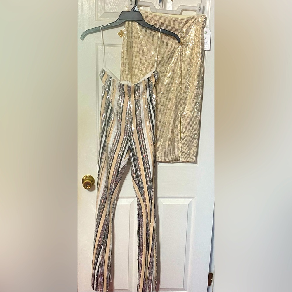 Time and Tru Sequin skirt and sequin striped flare pants; size: Small